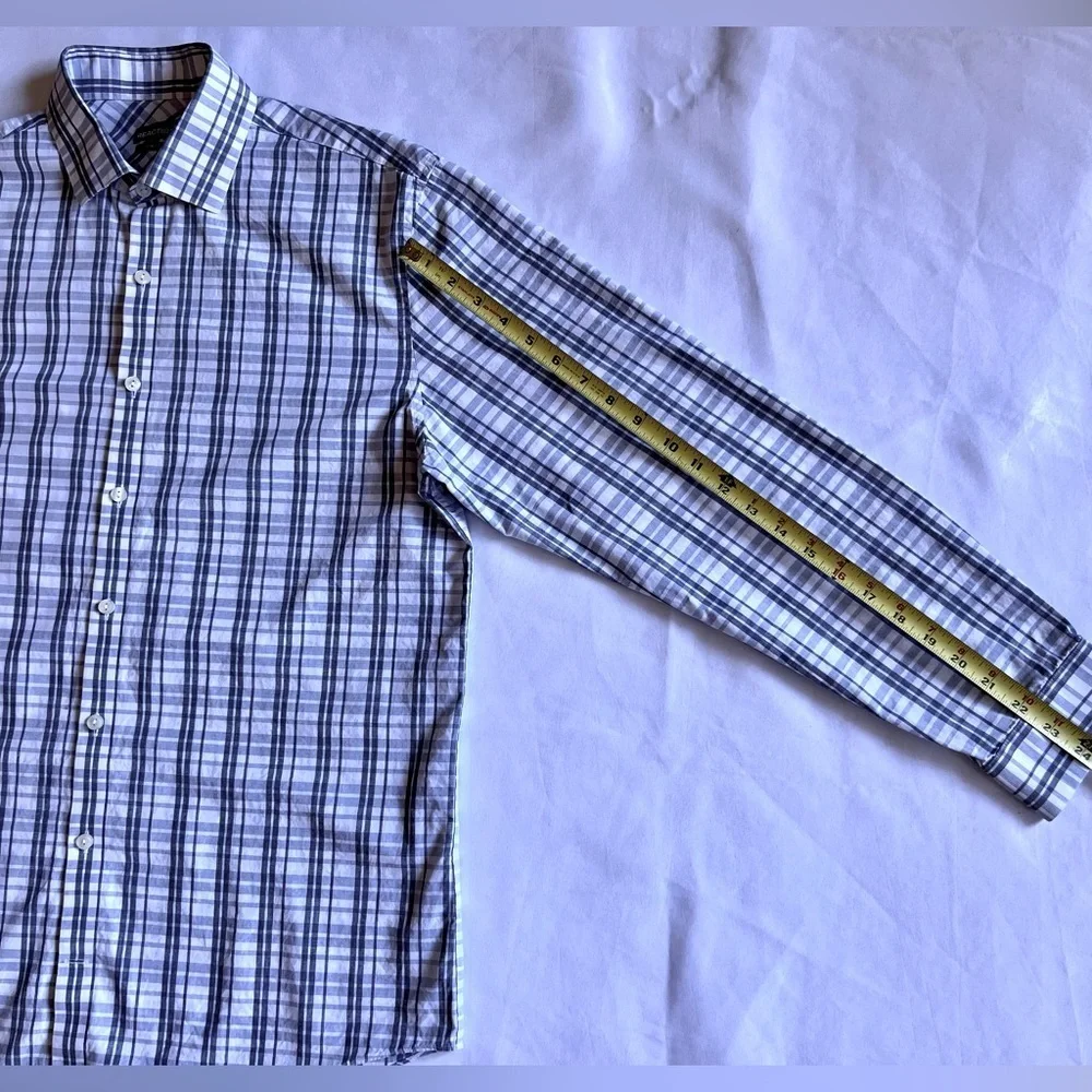 Kenneth Cole Gray Plaid Collared Button-Up Long Dress Shirt